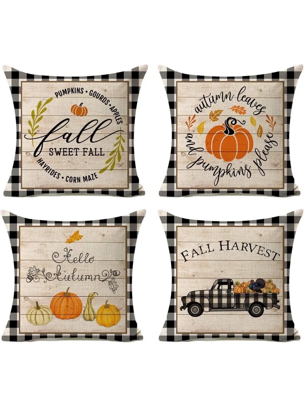 Autumn Farmhouse Fall Pillow Covers - Black Plaid & Orange Pumpkin - Set of Four